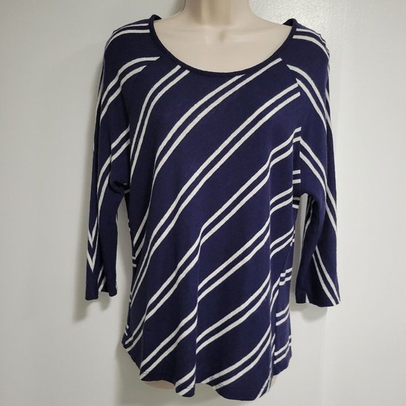 Chico's Size 1 (M) Blue Linen‎ Blend Summer-Weight Nautical Feel Striped Sweater - Picture 1 of 5